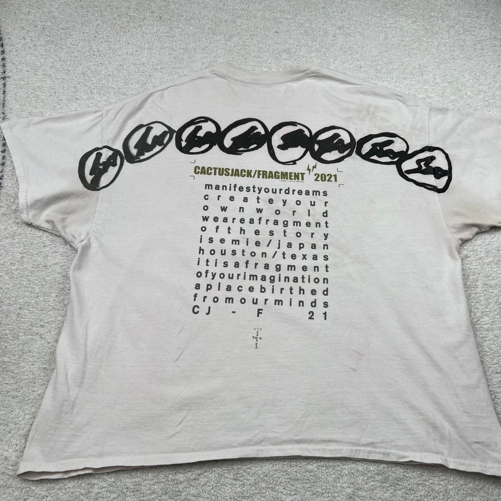 Cactus Jack Travis Scott Fragment Design Graphic T-Shirt Cream 2XL Distressed